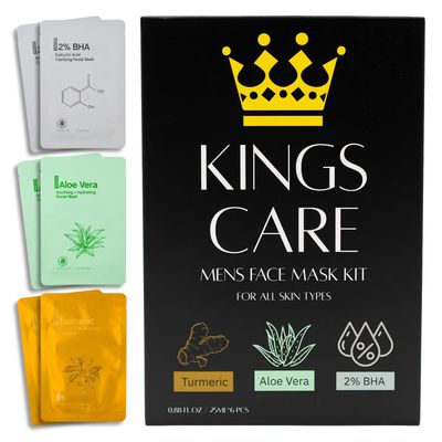 Kings Care Mens Face Mask Skin Care Kit (6 Pack) - Turmeric Anti-Acne, Aloe Vera Soothing &amp; 2% BHA Salicylic Acid Sheet Mask - Skin Care for Men Face Masks for Hydrating, Brightening &amp; Refining Pores