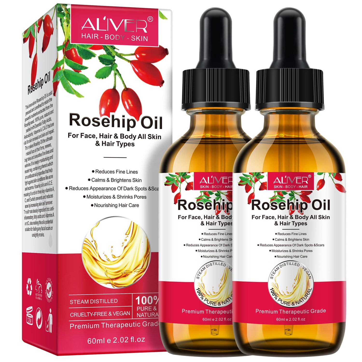 Rosehip Oil for Face, Rose Hip Oil Organic Rosehip Seed Oil 100% Pure Cold Pressed for Anti-Aging, Nourishing Hair Care, Face &amp; Skin (2.02 Fl Oz (Pack of 2))
