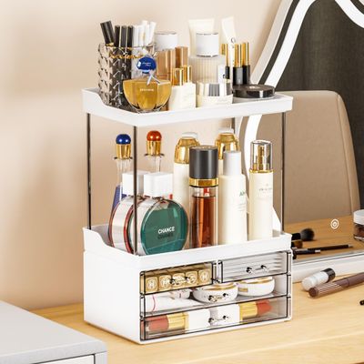 Yieach 2 Pack Makeup Organizer for Counter with 4 Drawer,14.4&quot; Tall Large Capacity Cosmetics Storage Drawer,Stackable Bathroom Counter Organizer and Skincare Organizer for Vanity,Bedroom,Dresser,White