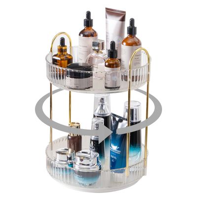 INVSSENE 360 Rotating Makeup Organizer, Bathroom Make Up Spinning Holder Rack, Large Capacity Cosmetics Storage Vanity Shelf Countertop, Fits Cosmetics, Perfume, Skincare(2 Tiers, Clear)