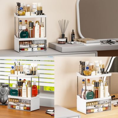 Yieach 2 Pack Makeup Organizer for Counter with 4 Drawer,14.4" Tall Large Capacity Cosmetics Storage Drawer,Stackable Bathroom Counter Organizer and Skincare Organizer for Vanity,Bedroom,Dresser,White