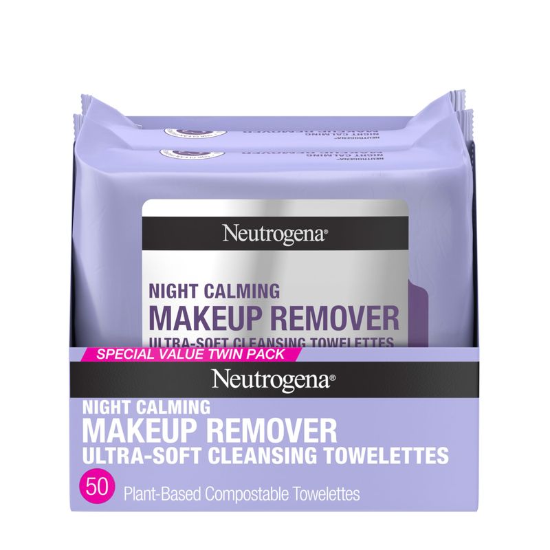 Neutrogena Night Calming Makeup Remover Face Wipes, Nighttime Cleansing Towelettes Remove Sweat, Dirt &amp; Makeup &amp; Calms Skin, Hypoallergenic, 100% Plant Based Cloth, 50 Count (2 Packs of 25)