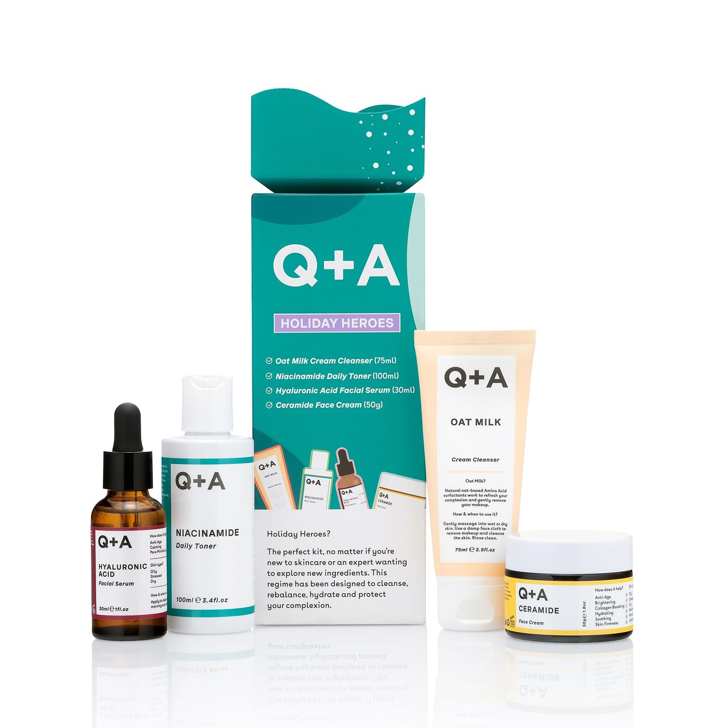 Q+A Holiday Heroes Skincare Giftset - 4-Step Regime with Oat Milk Cleanser, Niacinamide Toner, Hyaluronic Acid Serum, Ceramide Face Cream - Vegan, Cruelty-Free, UK Made, Nourishing and Hydrating