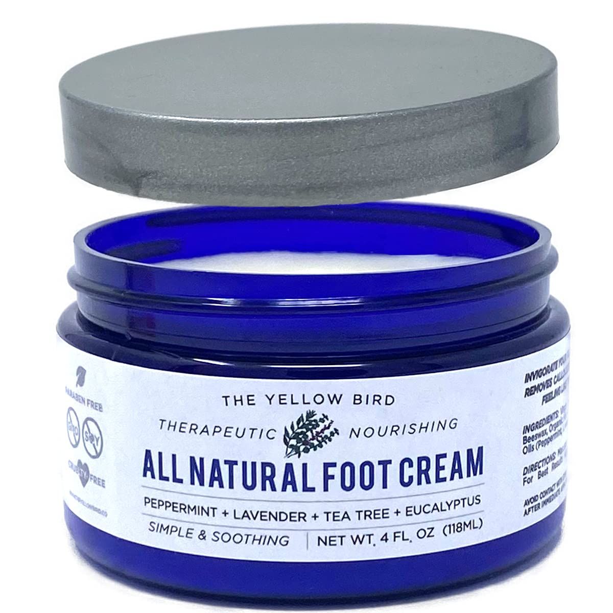 Yellow Bird Natural Foot Cream - For Dry and Cracked Feet Repair. Organic Athletes Foot Balm. Salve Moisturizer for Heel Care &amp; Callus Treatment with Tea Tree Oil &amp; Peppermint Essential Oils