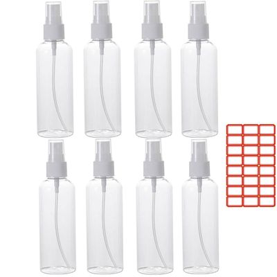 iDeep Small Spray Bottle, FOME 8 Pack 100ml/3.5 oz Travel Spray Bottle Clear Plastic Refillable Empty Fine Mist Spray Bottle with 24pcs Labels for Travel, Cleaning, Gardening, Skin Care