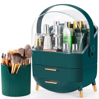 ZOLKIEO Makeup Storage Organizer+Makeup Brush HolderClear Cover Cosmetic Display Case with Two Tier Storage Box and Brush Storage Box, SkinCare Organizers for Bathroom Countertop (02-Green)