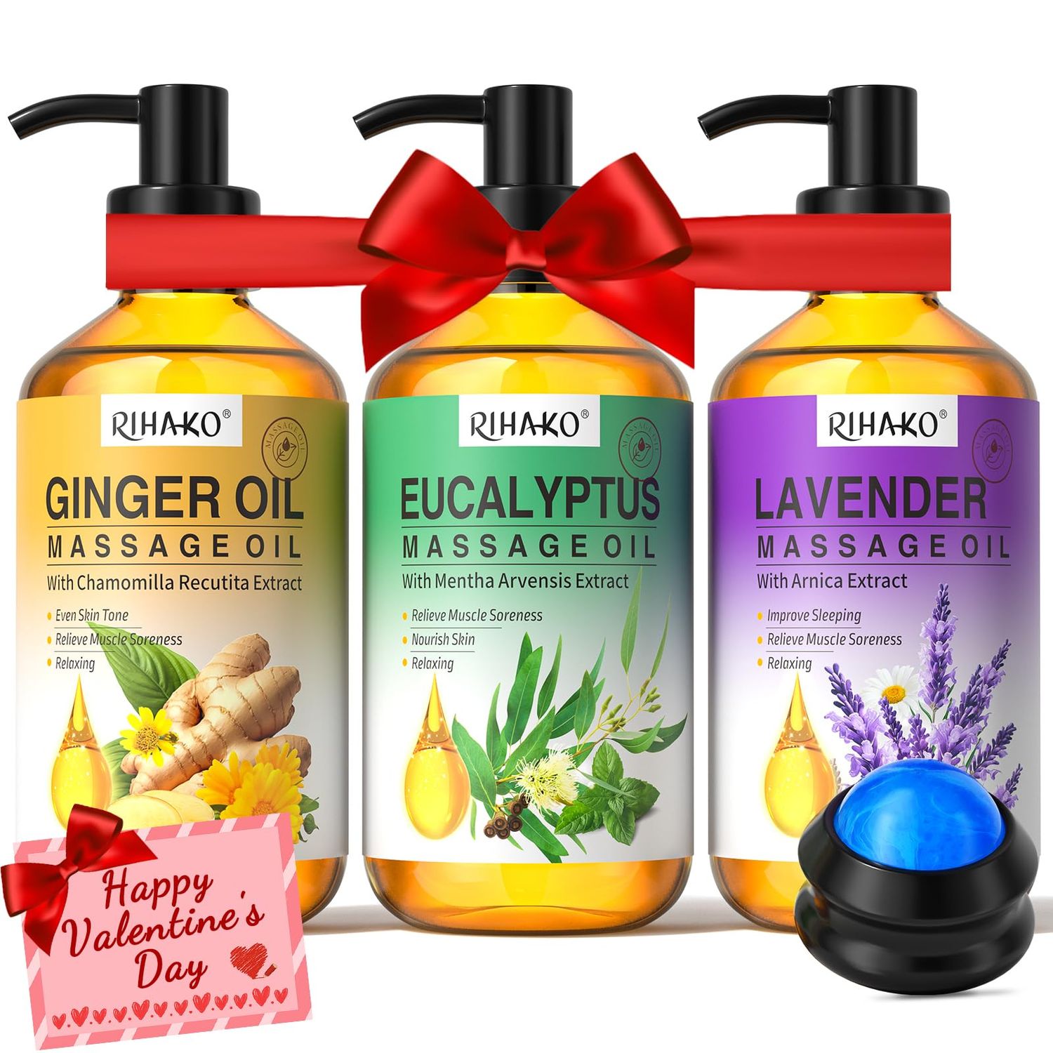 Valentine&#39;s Day Gifts for Men&amp;Women -3 Pack Massage Oil for Massage Therapy,Lymphatic Drainage Ginger Oil | Lavender Oil | Sore Muscle Eucalyptus Massage Oils &amp;Massage Ball for Date Night