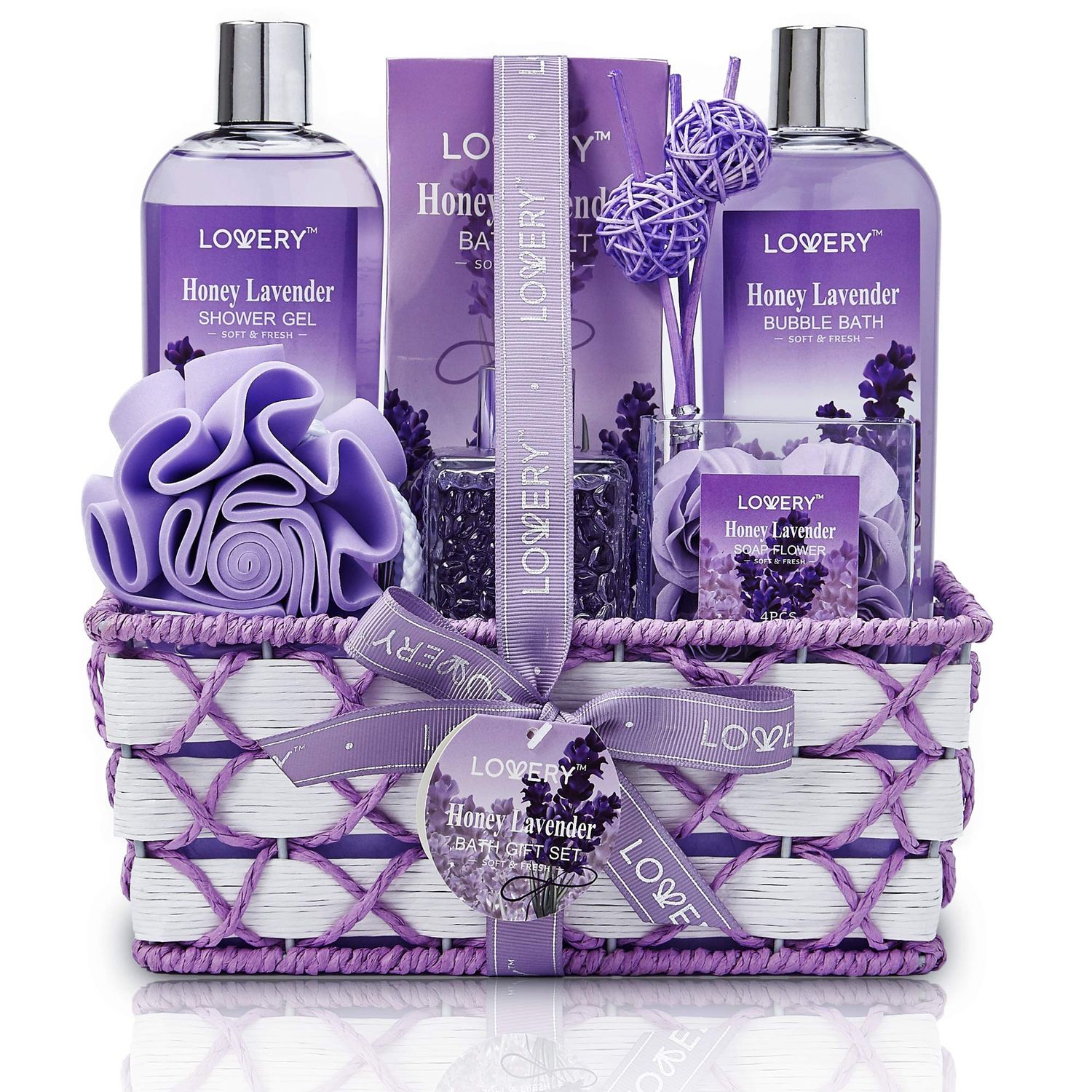 Valentines Day Gifts for Her, Bath and Body Gift Basket For Women &amp; Men, Honey Lavender Home Spa Set with Essential Oil Diffuser, Soap Flowers, Bath Salts, Bubble Bath &amp; More 13pc Presents for Mom