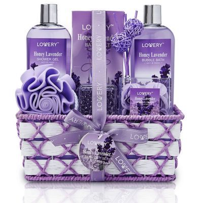 Valentines Day Gifts for Her, Bath and Body Gift Basket For Women &amp; Men, Honey Lavender Home Spa Set with Essential Oil Diffuser, Soap Flowers, Bath Salts, Bubble Bath &amp; More 13pc Presents for Mom