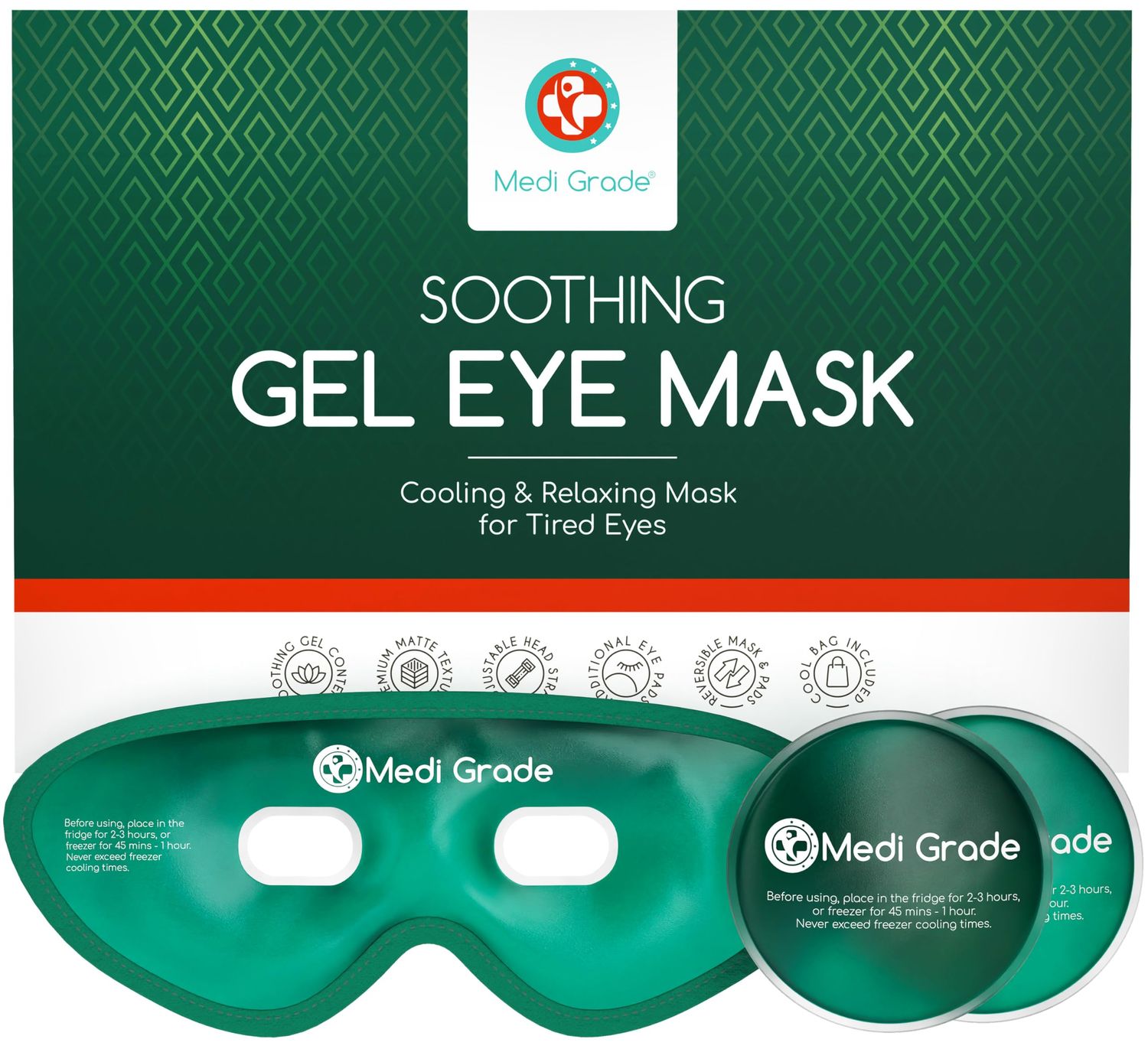 Medi Grade Cooling Eye Mask for Puffy Eyes, Allergies, Sinuses - Reusable Gel Eye Mask and Cooling Eye Pads with Thermo-Bag for Dark Circles, Hangovers and Migraine Relief - Cold Eye Mask