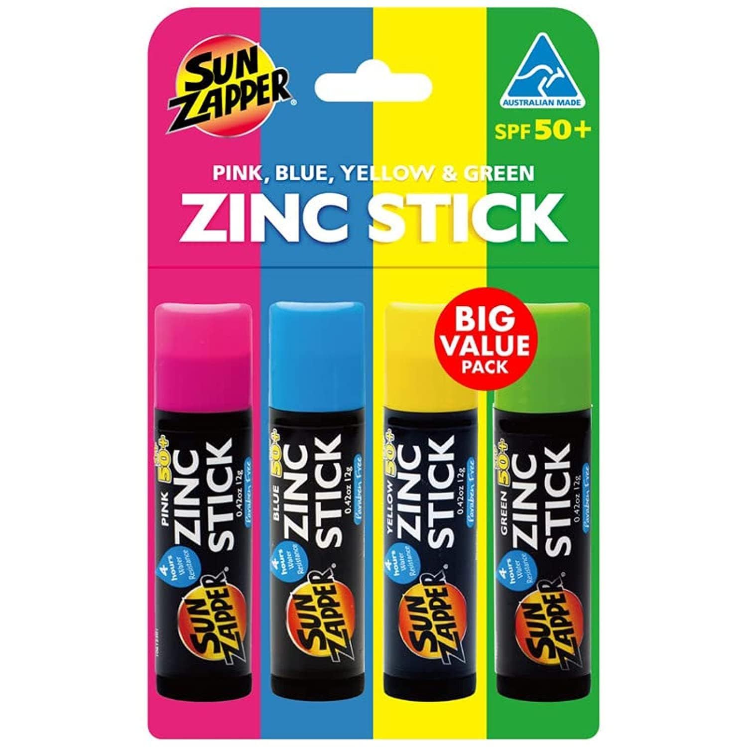 Sun Zapper Zinc Oxide Mineral Sunscreen Stick - SPF 50+ Water Resistant - 4-Pack (Pink, Blue, Green, Yellow) Rainbow Pack - For Face &amp; Body - Made in Australia