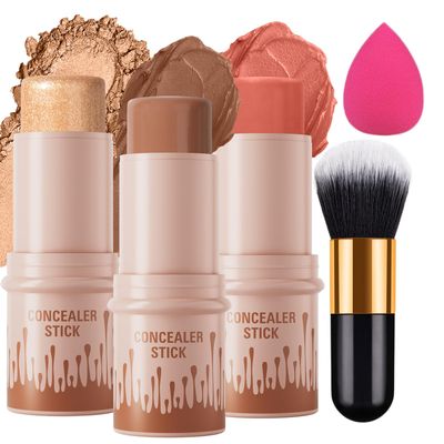 RoseFlower 3pcs Face Contour Stick, Highlighter Stick Blush Stick Cream Contour Kit Makeup Set with Brush, Contouring Stick for Fair Skin, Concealer Stick Makeup Gift for Beginner Women Teen Girls