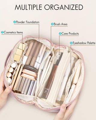 Vlando Travel Makeup Bag,Travel Toiletry Bag for Women Waterproof Portable Makeup Organizer Bag with Divider and Handle for Travel Essentials Skincare Bag,Gifts for Her-Pink