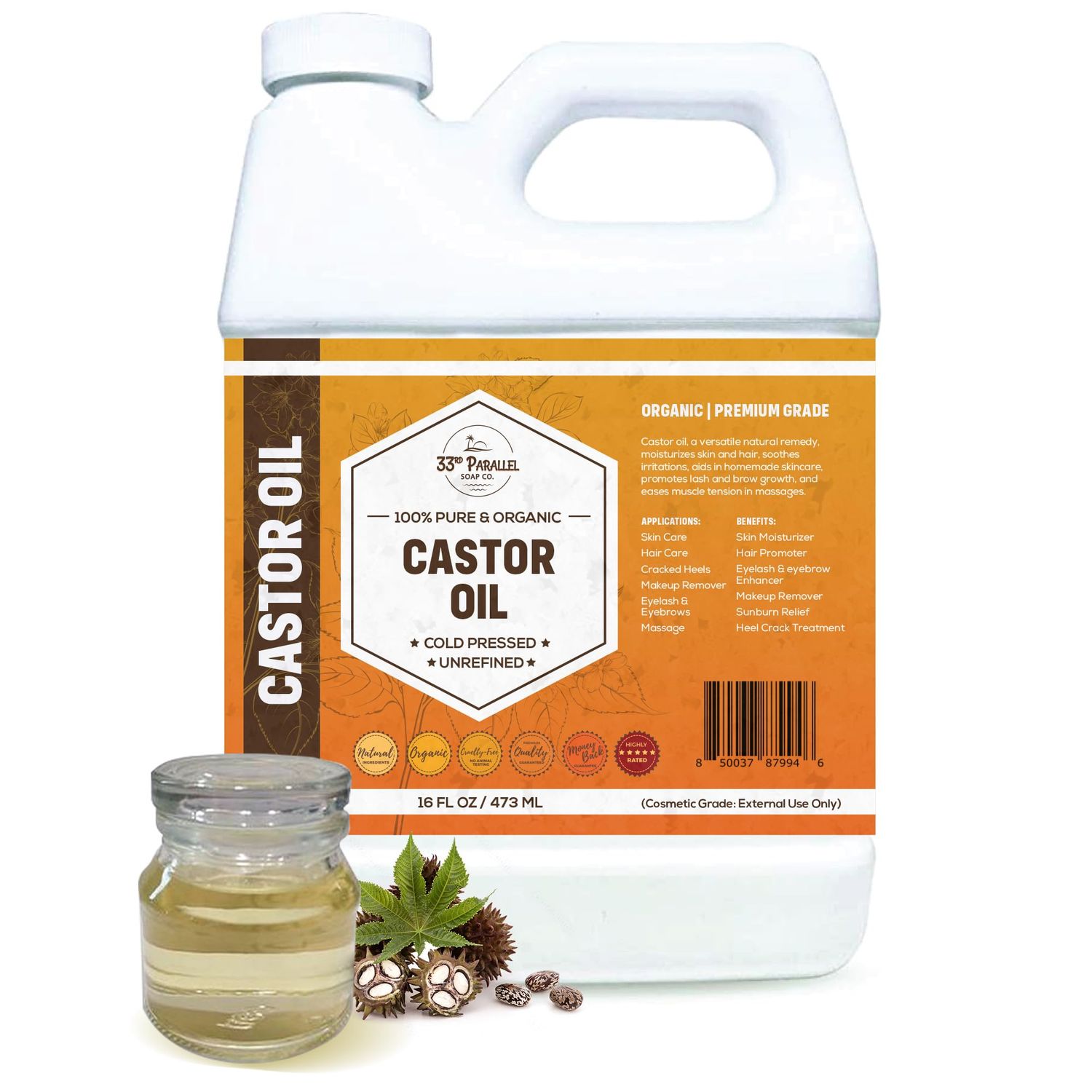 ORGANIC CASTOR OIL ( 16 oz ) Premium Cold Pressed Unrefined | 100% Natural Promotes Healthy Skin &amp; Hair | Thickens Eyebrows Lengthens Eyelashes | Strengthens Nails Cuticles | Massage Oil | 16 FL OZ