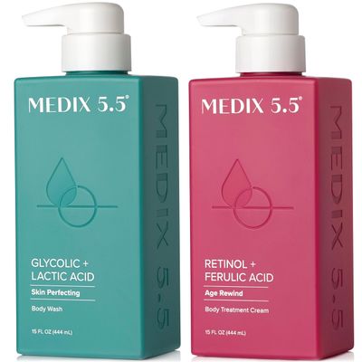 MEDIX 5.5 Exfoliating AHA Glycolic Acid Face &amp; Body Scrub Cleanser + Retinol Moisturizing Body Cream Lotion Skin Care 2PC Set | Alpha Hydroxy Acid &amp; Lactic Acid Foaming Body Wash &amp; Face Wash, 2-PC