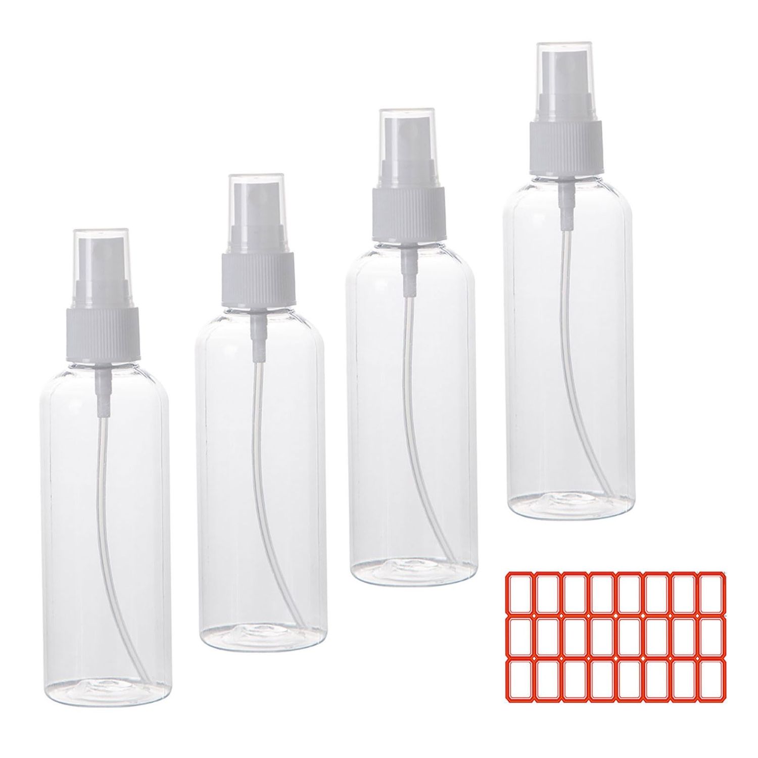 iDeep Small Spray Bottle, 4 Pack 100ml/3.5 oz Travel Spray Bottle Clear Plastic Refillable Empty Fine Mist Spray Bottle with 24pcs Labels for Travel, Cleaning, Gardening, Skin Care