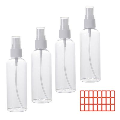 iDeep Small Spray Bottle, 4 Pack 100ml/3.5 oz Travel Spray Bottle Clear Plastic Refillable Empty Fine Mist Spray Bottle with 24pcs Labels for Travel, Cleaning, Gardening, Skin Care