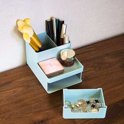 Tidyladyo Small Makeup organizer -Makeup Brush organizer, Cosmetics Storage with Drawer for skincare.Fitted vanity cases,Great for Dresser, Bathroom(blue)