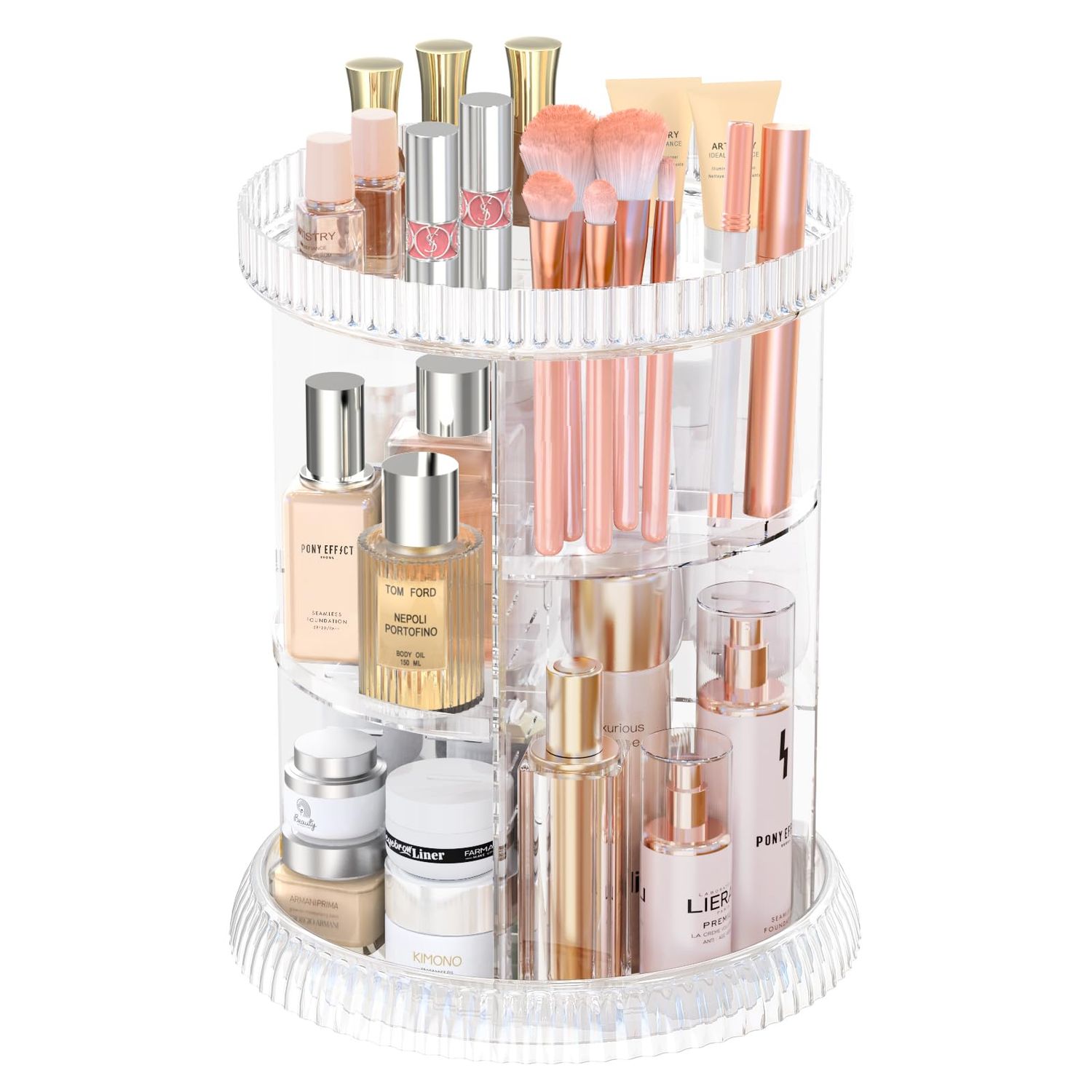 MOKANI 360 Rotating Makeup Organizer for Vanity, DIY 6 Adjustable Layers Perfume Organizer with Brush Storage and Shelves, Spinning Skincare Organizers Cosmetic Case for Bathroom, Countertop, Clear