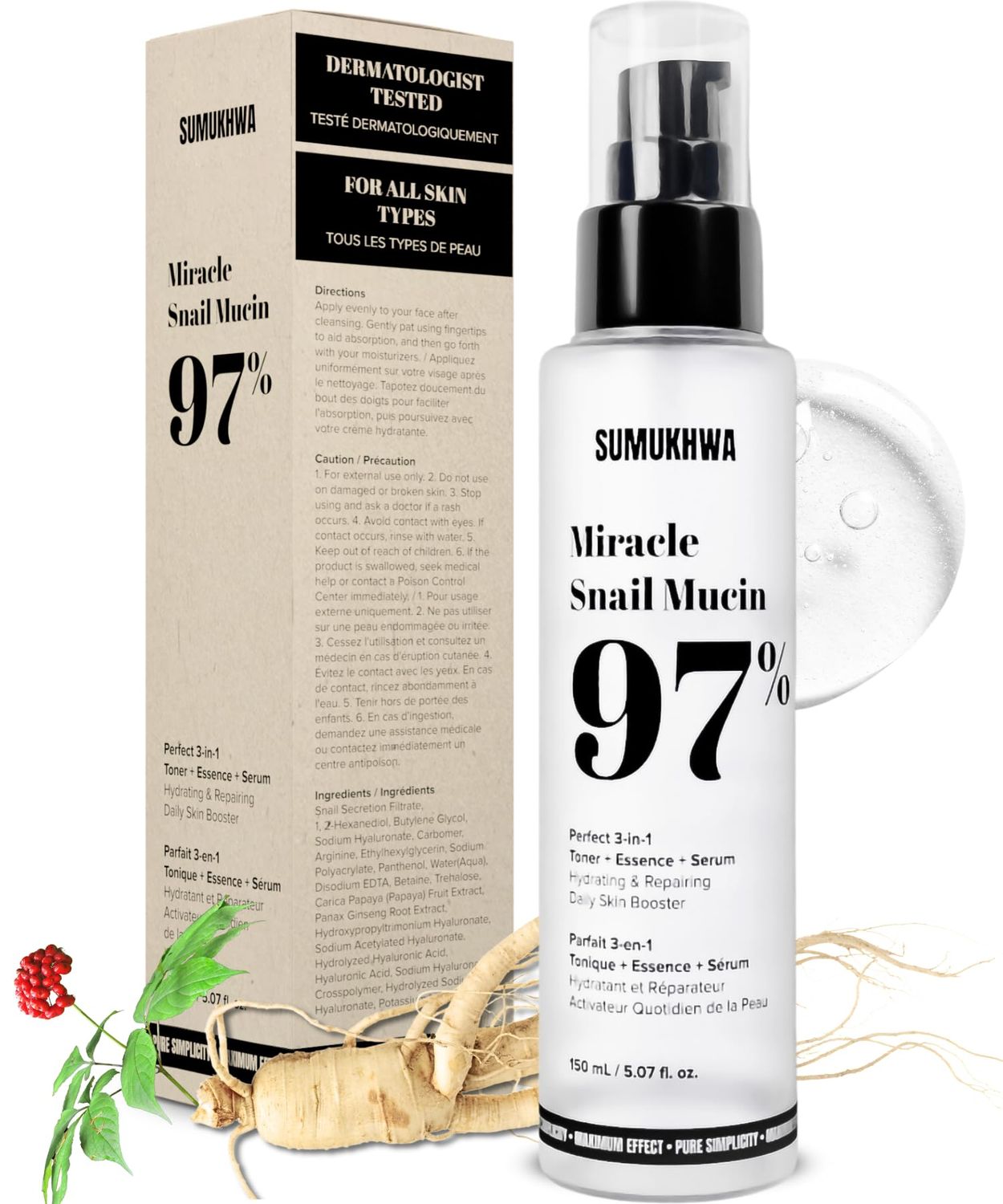 Snail Mucin 97% + Ginseng Essence 5.07 fl.oz 150ml, Hydrating Serum &amp; Toner with Snail &amp; 8 Hyaluronic Acid, Face Moisturizer for Dry Skin, Hydrates &amp; Balances, Korean Skincare