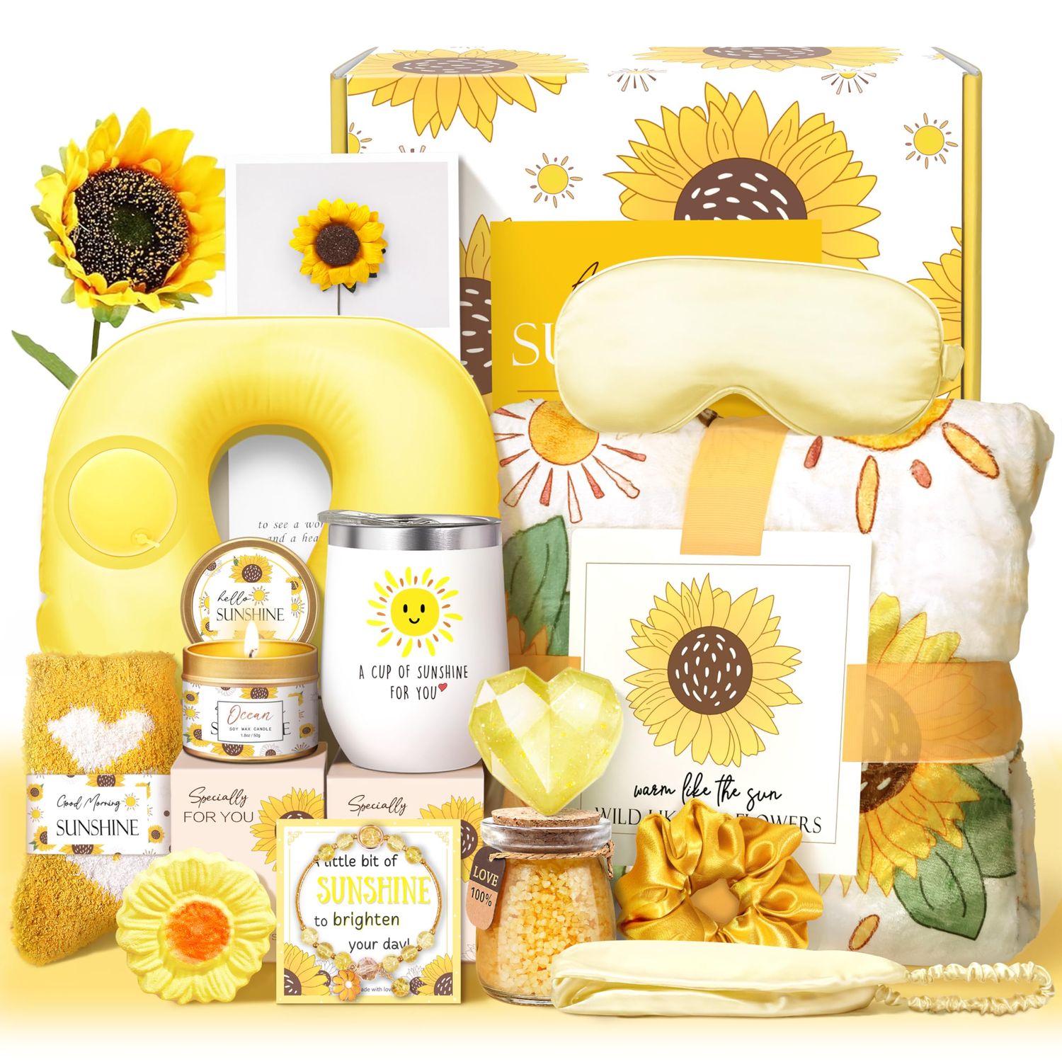 LUCOTIYA Sunflower Get Well Gifts for Women Self-Care Gift Set with Wine Tumbler, Blanket, Neck Pillow, Cozy Socks, Candle, Bath Bombs, Christmas Gifts for Women Birthday Mom Grandma