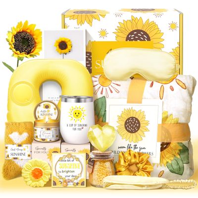 LUCOTIYA Sunflower Get Well Gifts for Women Self-Care Gift Set with Wine Tumbler, Blanket, Neck Pillow, Cozy Socks, Candle, Bath Bombs, Christmas Gifts for Women Birthday Mom Grandma