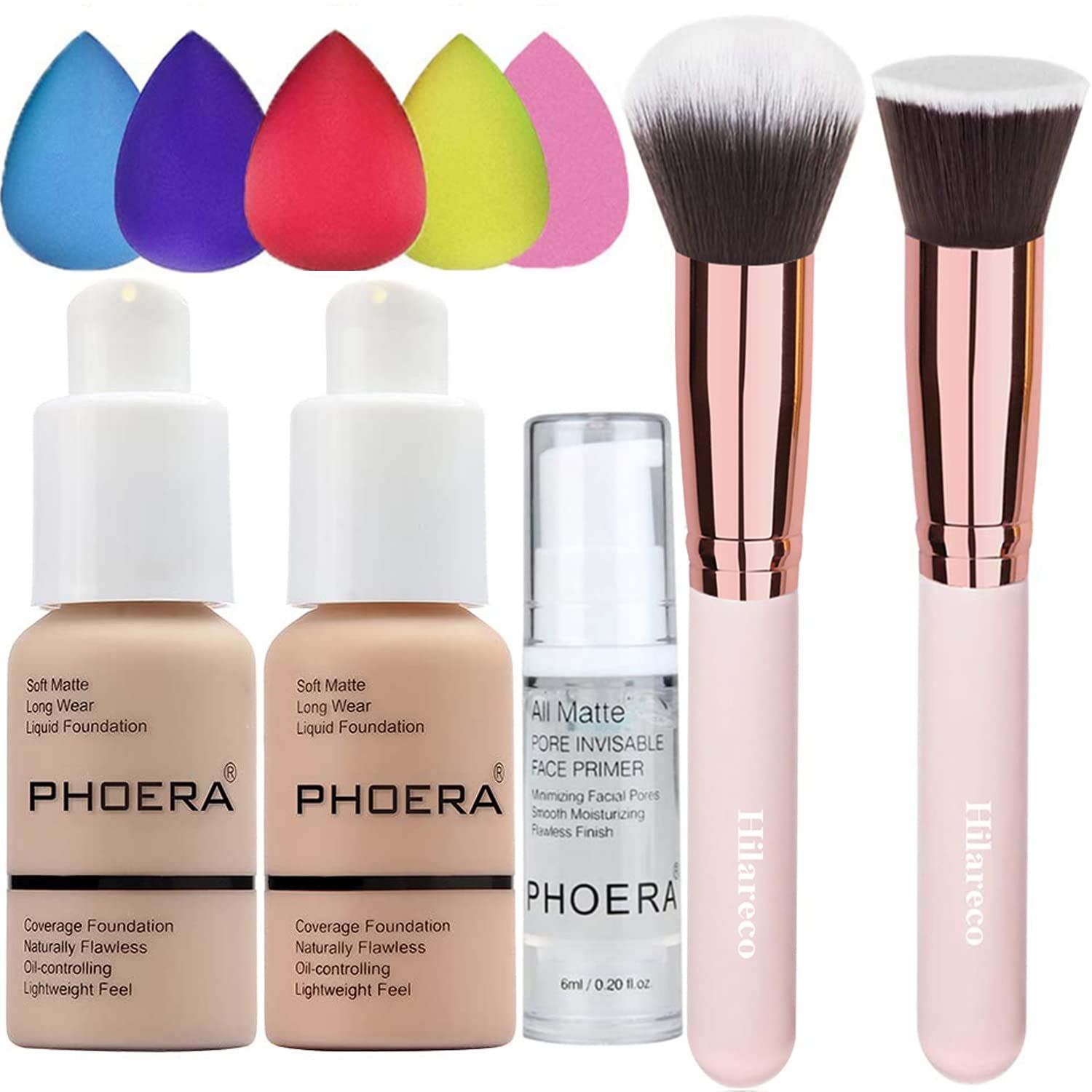 PHOERA Foundation 102 and 103 &amp; Face Primer,Liquid Full Coverage Foundation Set,Foundation Brush Powder Brush,5 Makeup Sponge,30ml PHOERA 24HR Matte Oil Control Concealer (102 Nude + 103 Warm peach)
