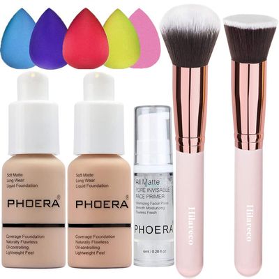 PHOERA Foundation 102 and 103 &amp; Face Primer,Liquid Full Coverage Foundation Set,Foundation Brush Powder Brush,5 Makeup Sponge,30ml PHOERA 24HR Matte Oil Control Concealer (102 Nude + 103 Warm peach)