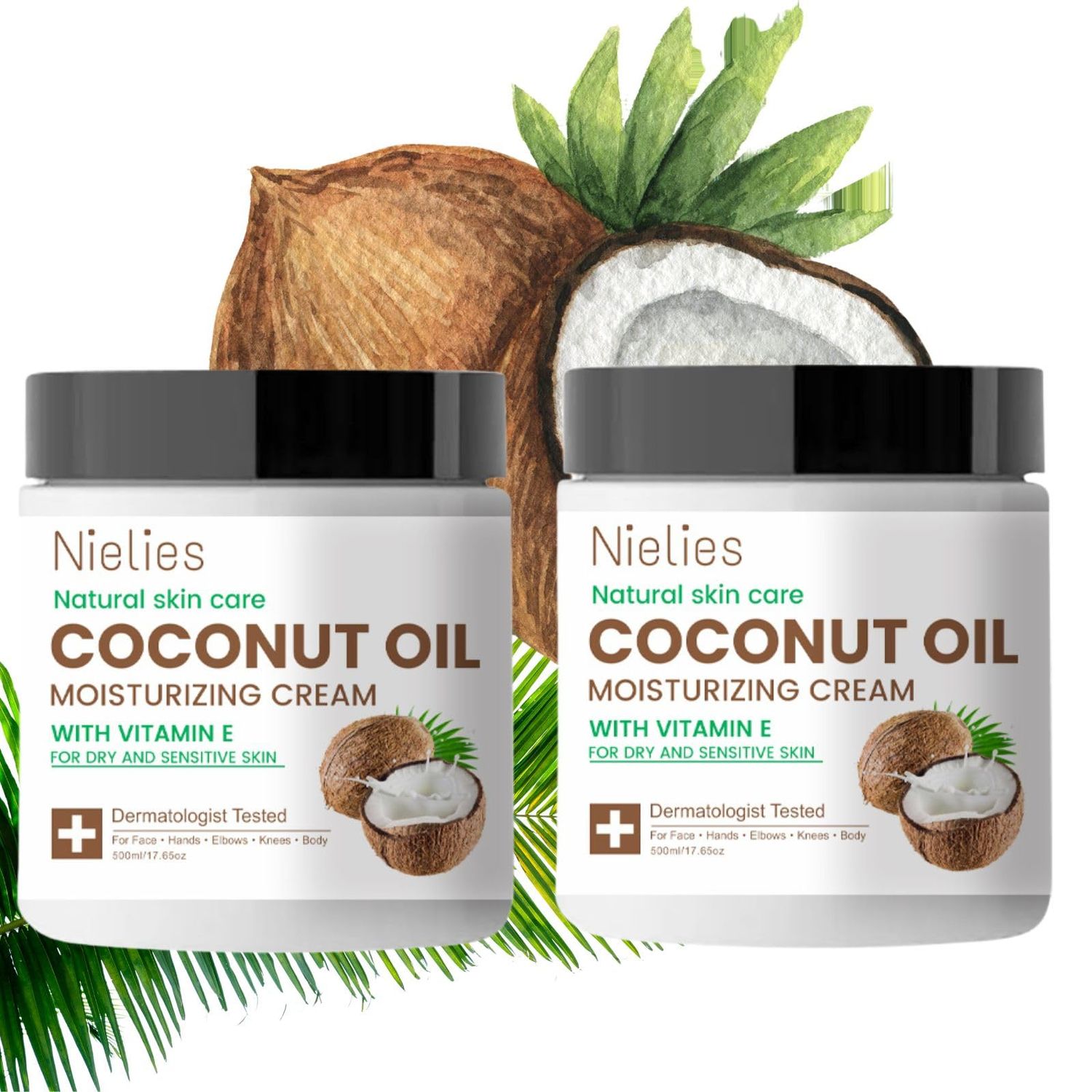 Nielies 2 Pcs Coconut Oil Cream. Spa size 500ML Coconut Oil Moisturizing Cream, Coconut Oil Lotion for Skin,Face, Hands, Hair. Intense Hydration For Dry skin (2)