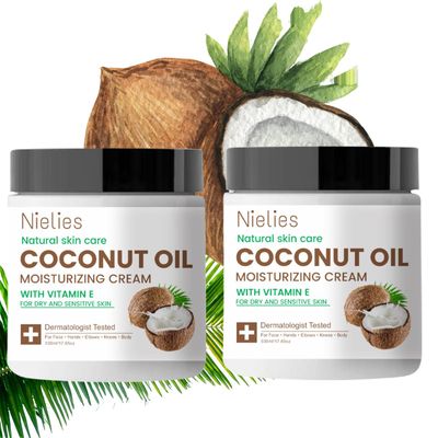 Nielies 2 Pcs Coconut Oil Cream. Spa size 500ML Coconut Oil Moisturizing Cream, Coconut Oil Lotion for Skin,Face, Hands, Hair. Intense Hydration For Dry skin (2)