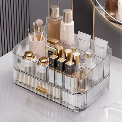 RHAEGON Makeup Storage Organizer for Vanity, Large Capacity Cosmetic Organizer Countertop with Drawer, Stackable Clear Acrylic Skincare Organizer Box for Bedroom/Bathroom Counter