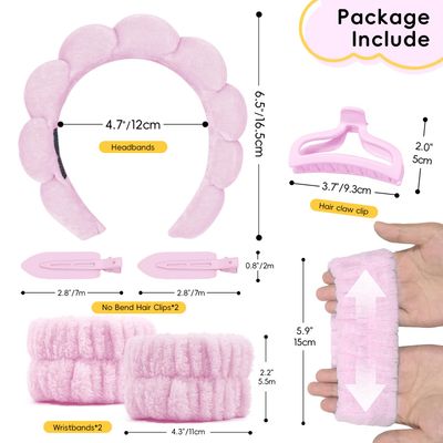 Spa Headband For Washing Face, Skincare Headband With Hair Clips, Cute skincare headband and wristband set for Women, Soft-Puffy Velvet Makeup Headbands, for Face Washing, Makeup, Skincare (Pink)