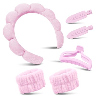 Spa Headband For Washing Face, Skincare Headband With Hair Clips, Cute skincare headband and wristband set for Women, Soft-Puffy Velvet Makeup Headbands, for Face Washing, Makeup, Skincare (Pink)