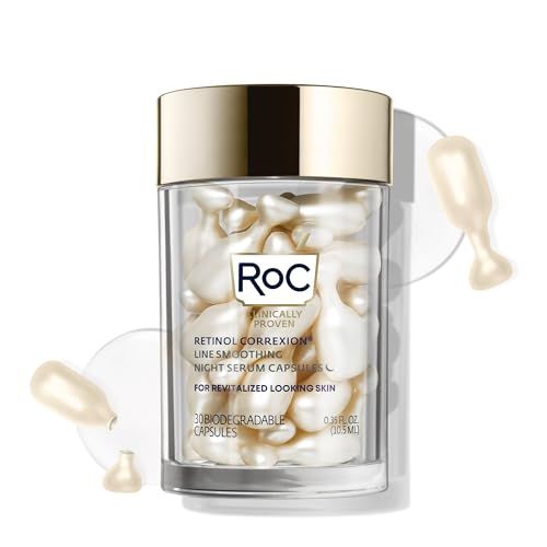 RoC Retinol Correxion Anti-Aging Wrinkle Night Serum, Daily Line Smoothing Skin Care, Fine Line &amp; Post-Acne Scars Treatment, Stocking Stuffers for Men &amp; Women, 30 Capsules, Unscented, 0.35 Fl Oz