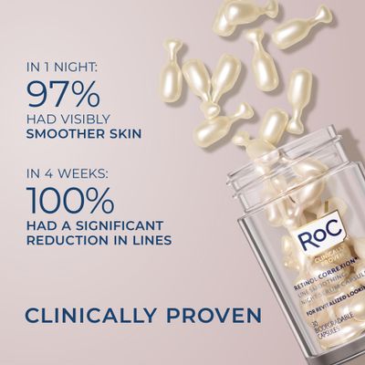 RoC Retinol Correxion Anti-Aging Wrinkle Night Serum, Daily Line Smoothing Skin Care, Fine Line &amp; Post-Acne Scars Treatment, Stocking Stuffers for Men &amp; Women, 30 Capsules, Unscented, 0.35 Fl Oz