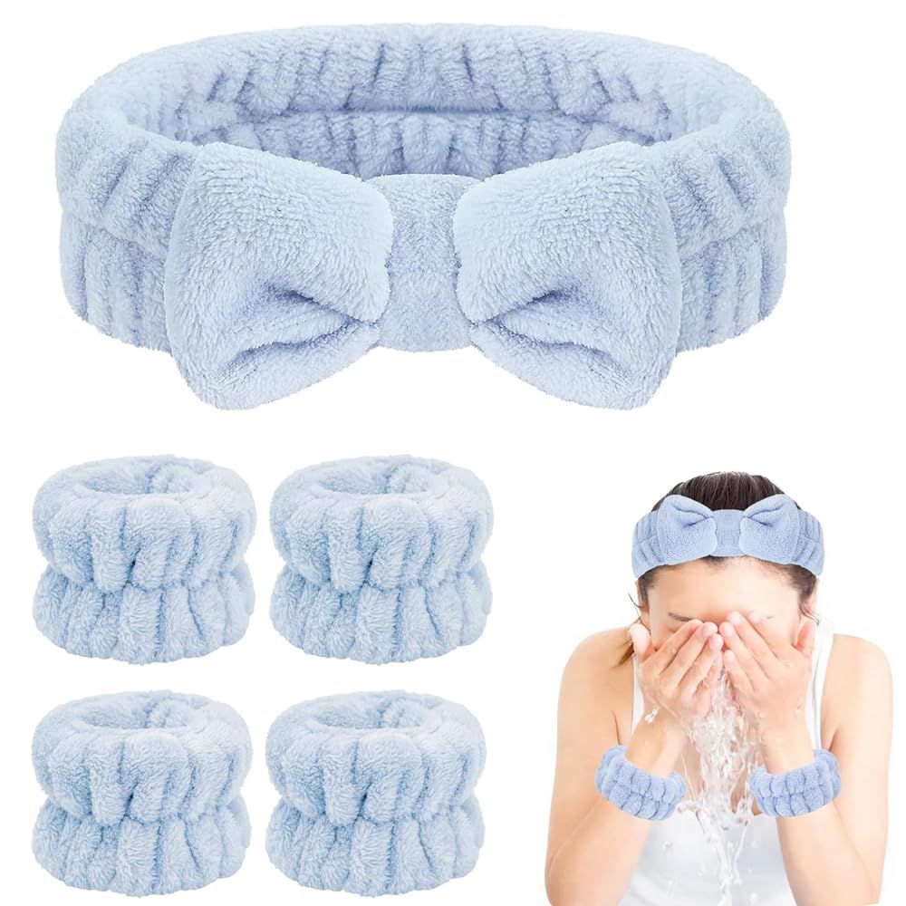 Seakcoik 5Pcs Face Wash Headband and Wristband Set for Women, Hair Band and Wrist Towels Water Guards for Washing Face, Makeup, Skincare (Blue)