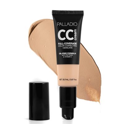 Palladio Full-Coverage Color Correction CC Cream, Oil-Free with Peptides &amp; Vitamin C, Best for Correcting Redness and Uneven Skin Tone, Buildable Foundation Coverage (Light 20W)
