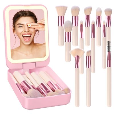 Personalized Valentines Gifts for Women-Travel Makeup Brush Set with LED Light Mirror, Travel Essentials for Women, Teen Girl Gifts Trendy Stuff, Bbridesmaid Gifts ideas
