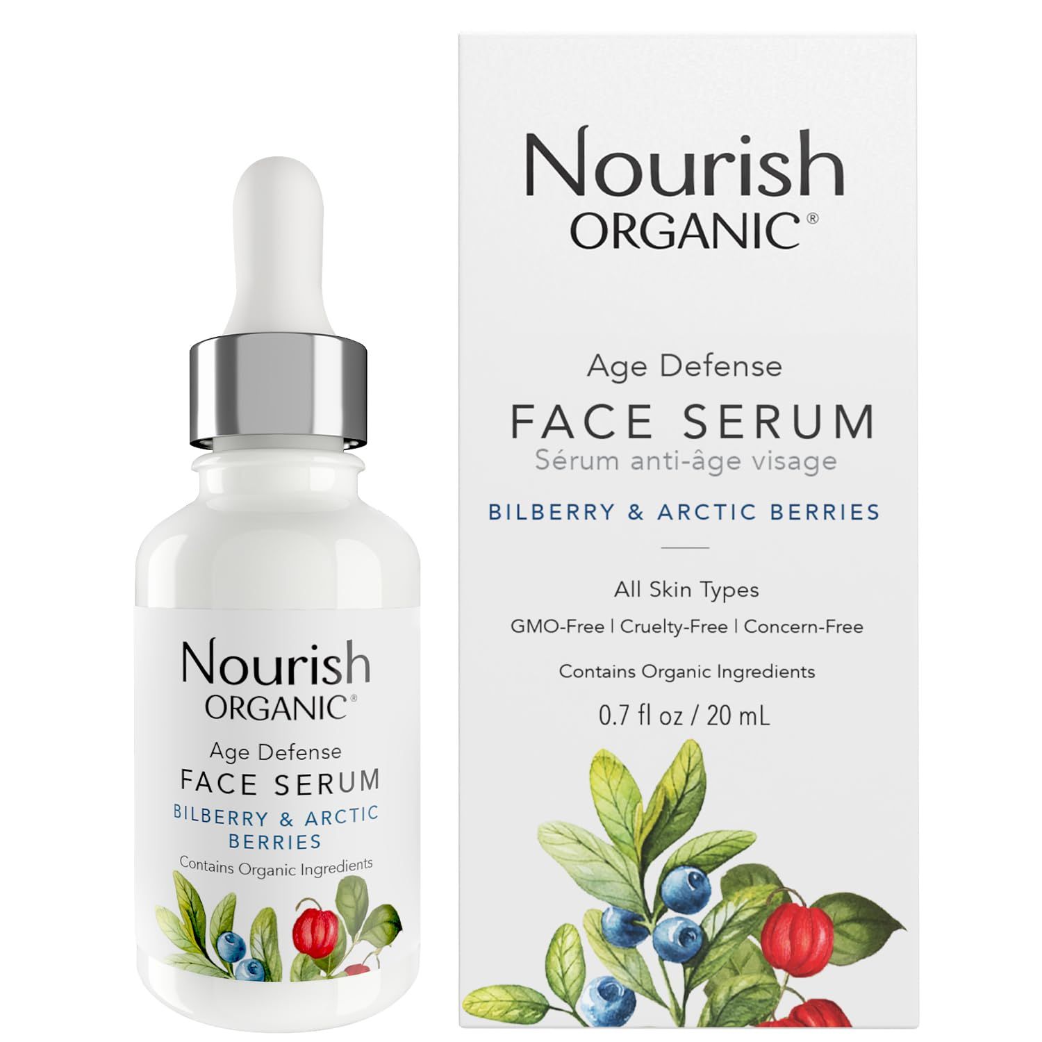 Nourish Organic Face Serum, Bilberry &amp; Arctic Berries - Age Defense Formula with Vitamin C and Vitamin A, 0.7 Oz + Washable Cotton Round