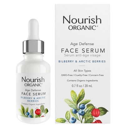 Nourish Organic Face Serum, Bilberry &amp; Arctic Berries - Age Defense Formula with Vitamin C and Vitamin A, 0.7 Oz + Washable Cotton Round