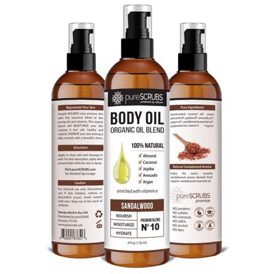 pureSCRUBS Ultra Moisturizing Sandalwood Body Oil Spray For Dry Skin, Massage, Cuticles &amp; More, Organic Blend of Jojoba, Argan, Coconut, Sweet Almond &amp; Avocado Oils Enriched with Vitamin E, Lg 4oz