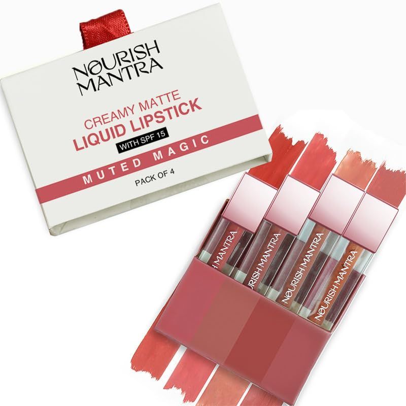 NOURISH MANTRA Matte Liquid Lipstick with SPF/Mini Lipstick/Water Proof/Smudge Proof/Transfer Proof/Long Lasting/For All Skin Tones/Set of - 4 (1.2ml Each)