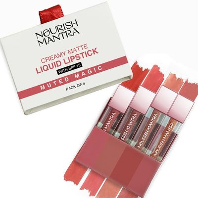 NOURISH MANTRA Matte Liquid Lipstick with SPF/Mini Lipstick/Water Proof/Smudge Proof/Transfer Proof/Long Lasting/For All Skin Tones/Set of - 4 (1.2ml Each)