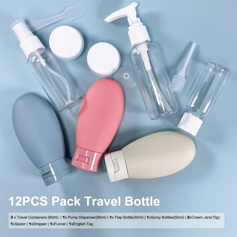 woneu 12Pack Travel Size Toiletries for Women - 2oz TSA Approved Leakproof Travel Bottles for Shampoo, Skincare, and Cream - Refillable Plastic Travel Containers, Toiletry Travel Kit