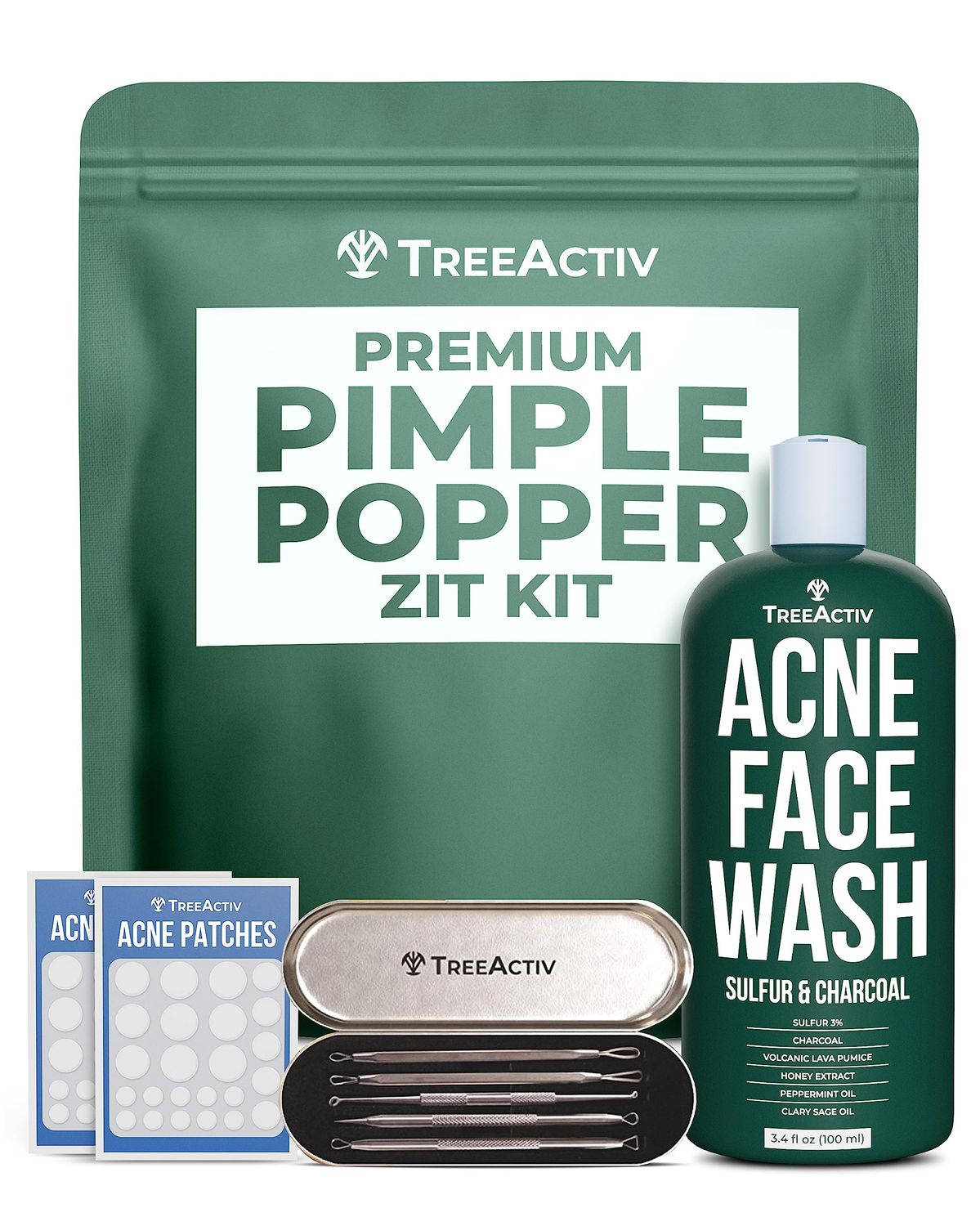 TreeActiv Pimple Popper Tool Kit with Face Wash and Acne Patches, Professional Blackhead Remover Tools Facial Kit, Stainless Steel Blackhead Extractor Tool, Blemish Blackhead &amp; Whitehead Pimple Extr