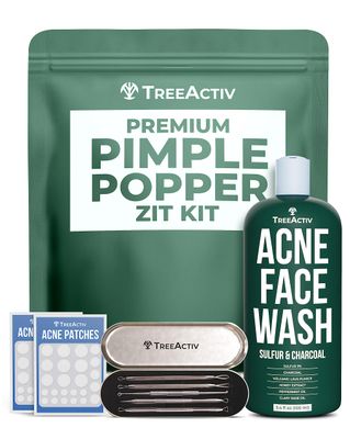 TreeActiv Pimple Popper Tool Kit with Face Wash and Acne Patches, Professional Blackhead Remover Tools Facial Kit, Stainless Steel Blackhead Extractor Tool, Blemish Blackhead &amp; Whitehead Pimple Extr