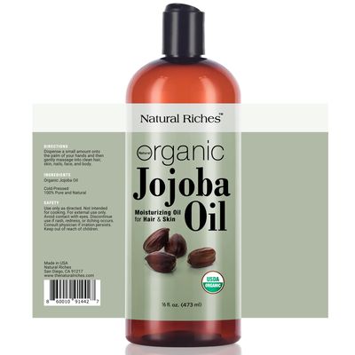 Natural Riches Organic Jojoba Oil, Pure (16 oz) | Moisturizing Oil for Face, Hair, Skin &amp; Nails Cold Pressed Hexane Free Base Carrier oil.