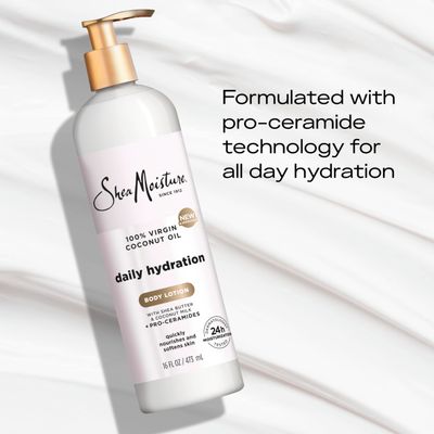 SheaMoisture Daily Hydration Body Lotion with 100% Virgin Coconut Oil, Shea Butter, Coconut Milk and Pro-Ceramides, Quickly Nourish &amp; Soften Skin, 24H Moisturizing 16 oz