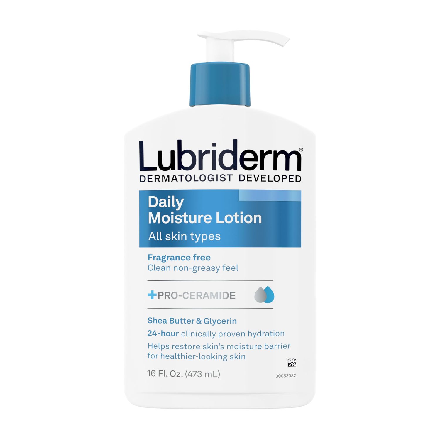 Lubriderm Fragrance Free Daily Moisture Lotion + Pro-Ceramide, Shea Butter &amp; Glycerin, Face, Hand &amp; Body Lotion for Sensitive Skin, Hydrating Lotion for Healthier-Looking Skin, 16 fl. oz
