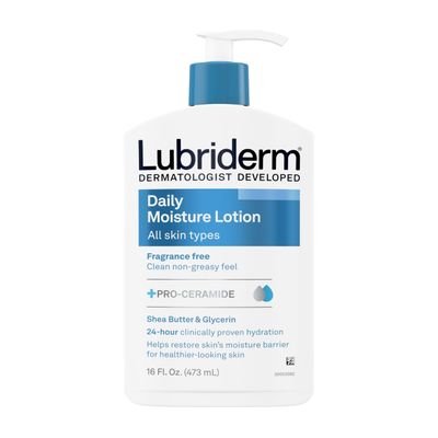 Lubriderm Fragrance Free Daily Moisture Lotion + Pro-Ceramide, Shea Butter &amp; Glycerin, Face, Hand &amp; Body Lotion for Sensitive Skin, Hydrating Lotion for Healthier-Looking Skin, 16 fl. oz